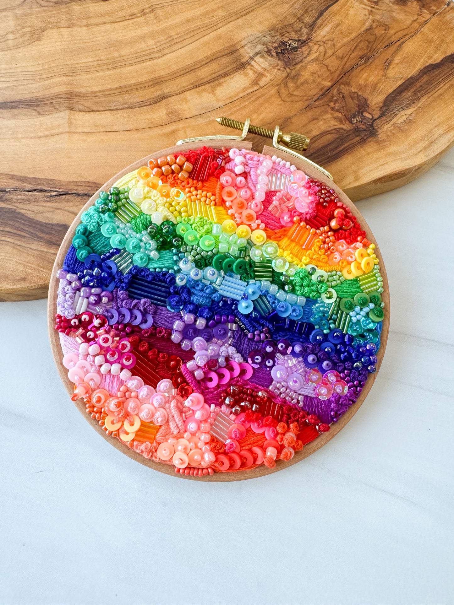 Rainbow Hand Embroidered Beads Hoop Art