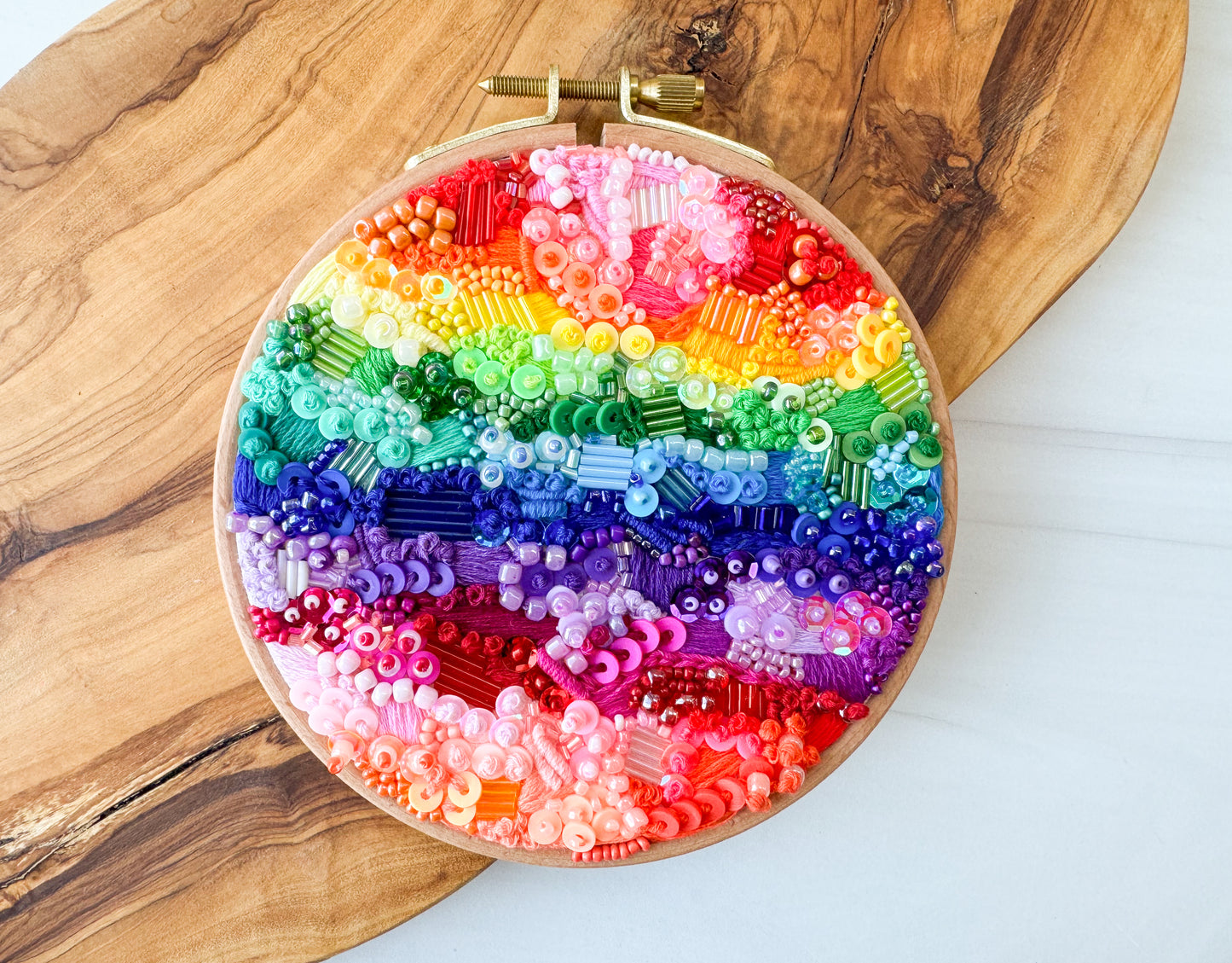 Rainbow Hand Embroidered Beads Hoop Art