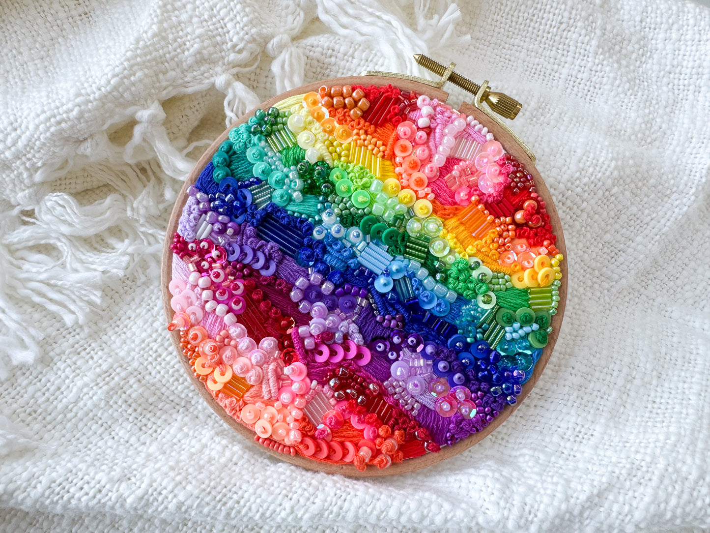 Rainbow Hand Embroidered Beads Hoop Art
