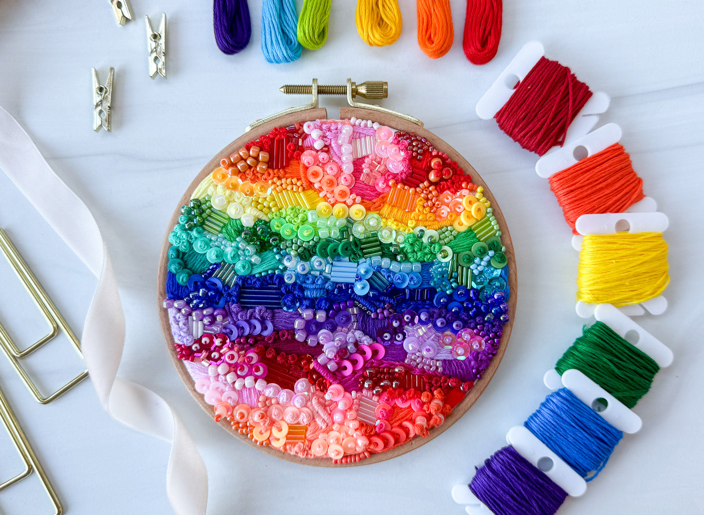 Rainbow Hand Embroidered Beads Hoop Art