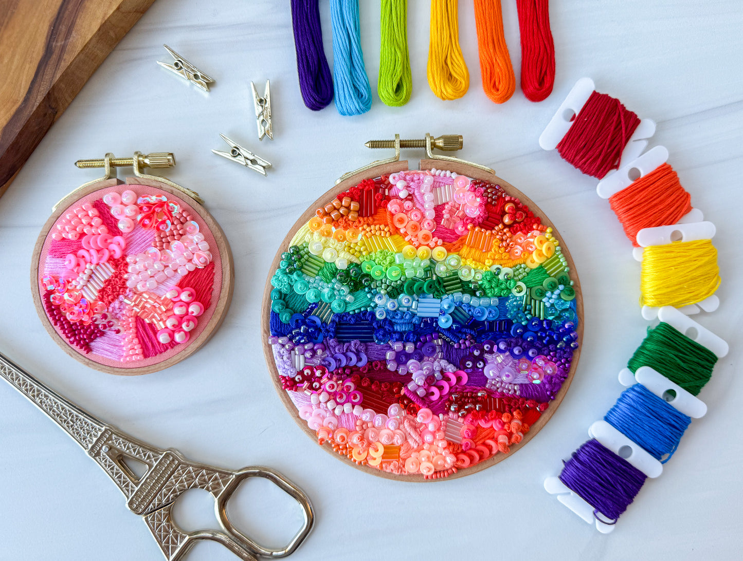 Rainbow Hand Embroidered Beads Hoop Art